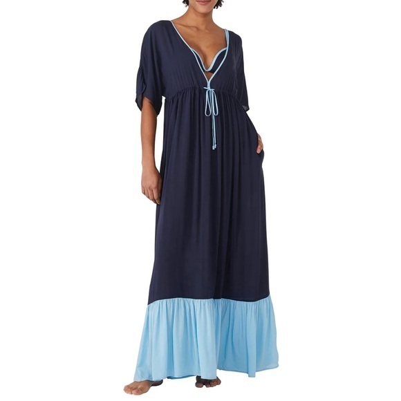 NEW KATE SPADE NAVY & BABY BLUE Contrast Rayon Maxi Tiered Cover Up Dress SZ M - Picture 1 of 6
